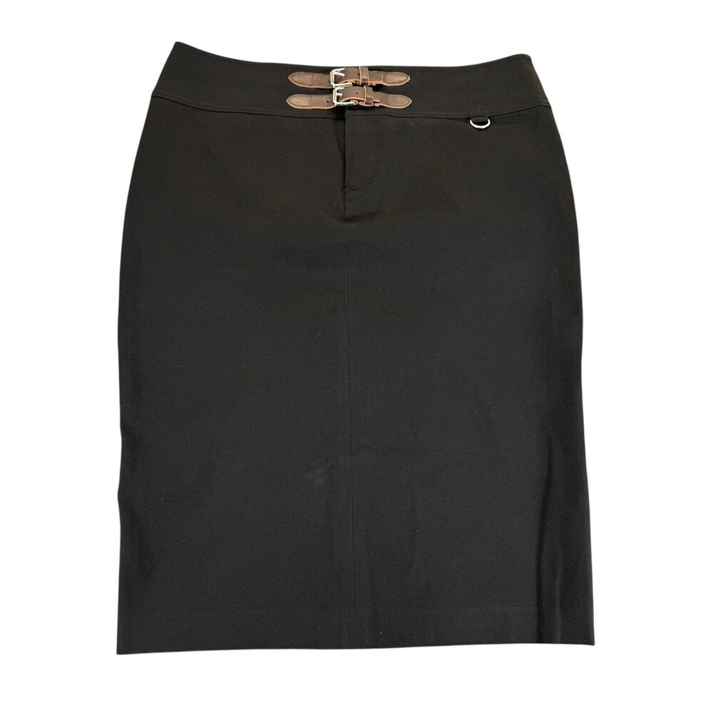 Ralph Lauren Sz 10 Black Pencil Skirt Leather Buckle Straps Cotton Y2K